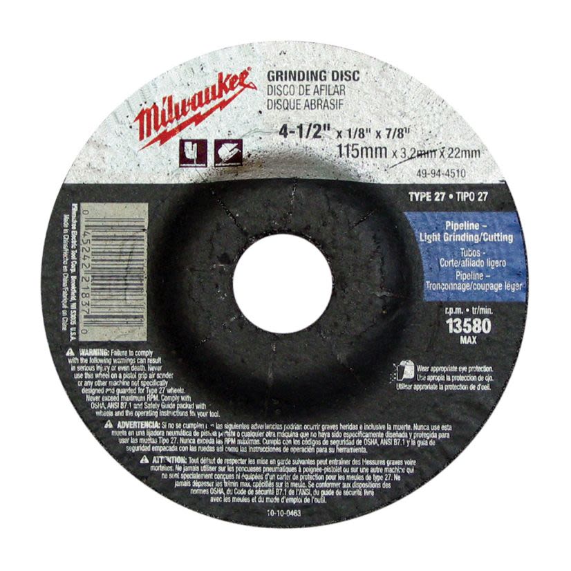Milwaukee 49-94-4505 Type 27 Reinforced Cut-Off Wheel, 4-1/2 in Dia x 0.045 in THK, 7/8 in Center Hole, 60 Grit, Aluminum Oxide Abrasive